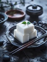 Fresh white tofu cubes stacked on black ceramic plate with chopsticks and green leaf garnish, moody lighting creates dramatic Asian cuisine atmosphere.