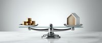 Balance scale with wooden house model and gold coins representing real estate investment decisions and property value assessment for financial planning.