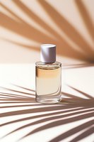 Elegant perfume bottle with palm leaf shadows on beige background, minimal luxury cosmetic product photography for beauty and fragrance advertising.