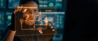 Professional businessman analyzing digital supply chain network on futuristic holographic interface for logistics optimization and management solutions.