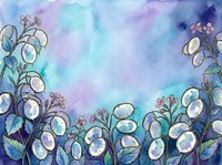 Watercolor painting of luminous white flowers with delicate stems arranged along bottom and sides, set against soft gradient background transitioning from blue to purple to pink tones. Suitable for wall art, greeting cards, and home decor.