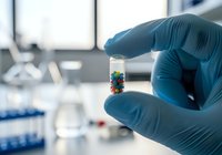 Scientist in blue gloves holding small vial with colorful pills or samples in laboratory setting, demonstrating pharmaceutical research or medical testing.
