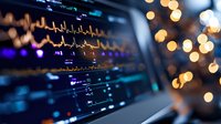 Medical monitor showing vital signs with heart rhythm ECG wave and blurred bokeh lights in background, modern healthcare technology in hospital setting.