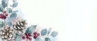Winter holiday corner decoration with pine cones, eucalyptus leaves and red berries on cream background for seasonal greeting cards and festive designs.