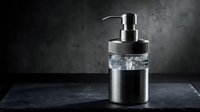 Modern stainless steel soap dispenser with clear acrylic middle section on dark slate surface against textured concrete wall background for bathroom decor.