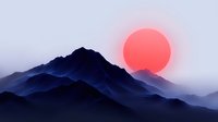 Dramatic mountain silhouette against vibrant red sun, layered misty peaks in shades of blue create atmospheric depth in minimalist landscape composition.