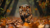 Majestic jaguar prowling through fallen autumn leaves in dramatic lighting, fierce predator with spotted coat moving forward in hunting stance amid orange foliage.