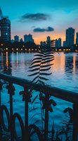 Silhouette of fern leaf against urban skyline at sunset, with city lights reflecting on calm water surface creating moody atmospheric scene in blue and orange tones.