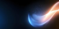 Glowing abstract wave forms in blue and orange colors against dark background create dynamic light effect with sparkles and smooth motion blur.