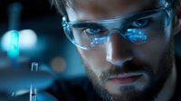 Male scientist with protective eyewear conducting laboratory research in modern facility with blue lighting for medical and scientific applications.