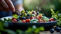 Fresh mixed berry salad with spinach leaves being seasoned by hand in black bowl, healthy eating concept for summer dining and nutrition lifestyle.