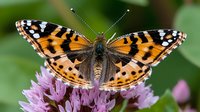 Painted Lady butterfly with orange and black wings perched on pink wildflower against green background, macro nature photography showing intricate wing patterns.
