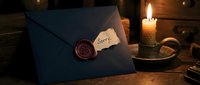 Dark navy envelope with red wax seal and handwritten sorry note by candlelight, evoking mystery, regret, and vintage romance.