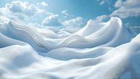 Pristine snow drifts create smooth rolling waves against bright blue sky with fluffy white clouds, showcasing pure winter landscape for seasonal backgrounds.