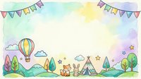 Whimsical pastel landscape with hot air balloon, teepee, and bunting flags on isolated white background, perfect for children's designs, nursery decor, greeting cards, and educational materials.
