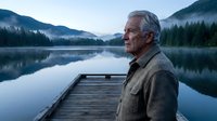 Senior man with gray hair and light skin tone standing on wooden dock overlooking calm mountain lake surrounded by forested peaks and misty morning atmosphere, contemplative outdoor lifestyle scene.