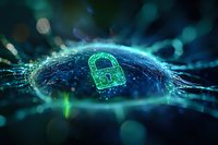 Glowing green padlock symbol on digital network background with bokeh lights and particle effects represents cybersecurity and data protection concept.