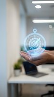 Hand holding holographic compass interface in modern office environment showcasing digital navigation technology and futuristic business solutions.