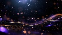 Mystical night sky with glowing purple and gold particles flowing in waves against dark cosmos background, creating ethereal celestial atmosphere.