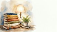 Stack of vintage books with brass table lamp and potted fern plant on wooden surface, watercolor style illustration for home decor and library design projects.