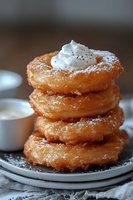 Stack of golden fried donuts dusted with powdered sugar and topped with whipped cream and black pepper, served on white plates with dipping sauce.