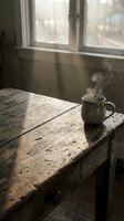 Steaming mug of hot beverage sits on rustic wooden table by window with soft natural light filtering through glass panes, creating warm atmospheric mood for lifestyle and home decor projects.