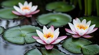 Pink and white water lilies floating on dark pond surface with green lily pads creating tranquil zen garden atmosphere. Perfect for wellness and spa designs.