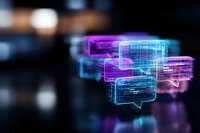 Glowing holographic chat bubbles floating in dark space with neon pink and blue colors create futuristic communication concept for social media and messaging.