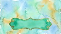 Watercolor banner with soft blue, green, and yellow washes, featuring an ornate turquoise label frame with decorative corners. Suitable for invitations, cards, and design projects.