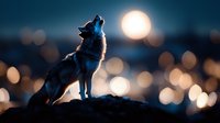 Lone wolf howling at full moon silhouetted against night sky with dreamy bokeh lights creating magical atmosphere. Mystical wildlife scene at dusk.