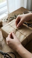 Person with medium skin tone wrapping kraft paper package with twine, surrounded by dried botanicals and craft supplies on wooden surface near window with natural light.