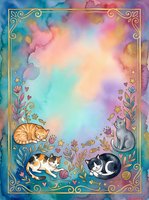 Watercolor frame with cute cats and floral elements on rainbow background for greeting cards, invitations and decorative designs.