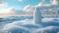 White cosmetic bottle on ocean wave with water drops and foam splash against blurred sunset sky background, natural skincare product presentation.