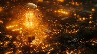 Glowing vintage light bulb with warm filament floating over miniature city landscape at night, surrounded by magical golden bokeh particles and light effects.