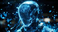 Glowing blue digital human head made of particles and light effects against dark background, representing artificial intelligence and future technology.