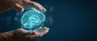 Hands protecting glowing digital brain hologram on dark blue background representing mental health care, artificial intelligence and neurological protection.
