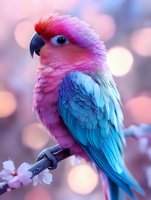 Pink and blue parrot perched on blooming cherry branch against soft bokeh background, displaying vibrant feathers and gentle expression. Suitable for nature prints.