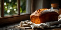 Freshly baked homemade banana bread loaf on rustic wooden table by window with natural light, served on linen cloth.