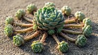 Succulent plant with multiple offshoots growing in sandy soil, showing natural propagation and desert adaptation in arid landscape gardening.