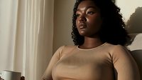 Young African American woman with natural curly hair in beige top sitting thoughtfully by window with soft natural lighting creating atmospheric mood.
