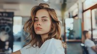 Young woman with wavy brown hair and natural makeup gazing thoughtfully away from camera in soft daylight, wearing white top against blurred cafe background.