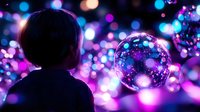 Young Asian woman silhouette gazing at glowing soap bubbles against vibrant purple and blue bokeh lights background creating magical dreamy atmosphere.
