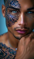 Young African American male model with intricate blue geometric face paint design and striking blue eyes against turquoise background, showcasing artistic makeup artistry.