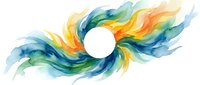 Watercolor swirl with vibrant blue, green, and orange flowing brushstrokes around white circle, isolated on transparent background for design projects.