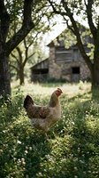 Free-range hen foraging in rustic farmyard with old barn and trees in background, sustainable agriculture and organic farming lifestyle concept.