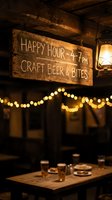 Rustic wooden happy hour sign advertising craft beer and bites in cozy pub interior with warm lighting and string lights creating inviting atmosphere.