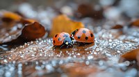 Two red ladybugs on wet autumn leaf with water drops and bokeh effect in nature macro photography. Perfect for environmental and seasonal designs.