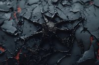 Dark cracked surface with peeling black paint revealing glowing orange underneath, creating dramatic texture and abstract pattern for background design.
