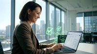 Young woman with dark hair and olive complexion, wearing business casual attire, working at laptop in modern high-rise office with city skyline view, green checkmark icons floating above screen.