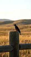 Small black bird perched on weathered wooden fence post in golden hour light with rolling hills and autumn grassland in soft focus background.
